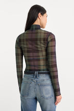 THE MESH TURTLENECK NAVY AND GREEN PLAID