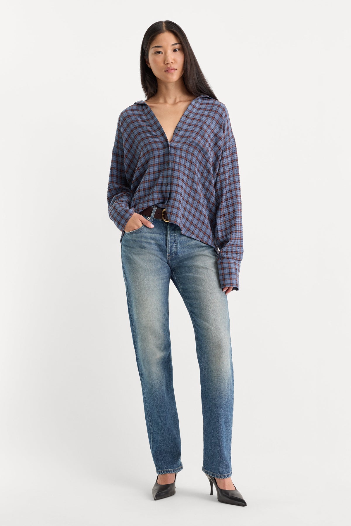 THE CRINKLE EASY SHIRT BLUE PLAID