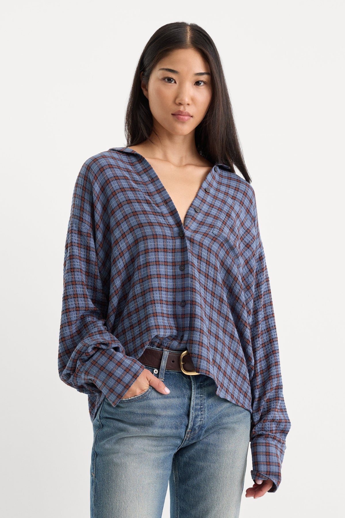 THE CRINKLE EASY SHIRT BLUE PLAID