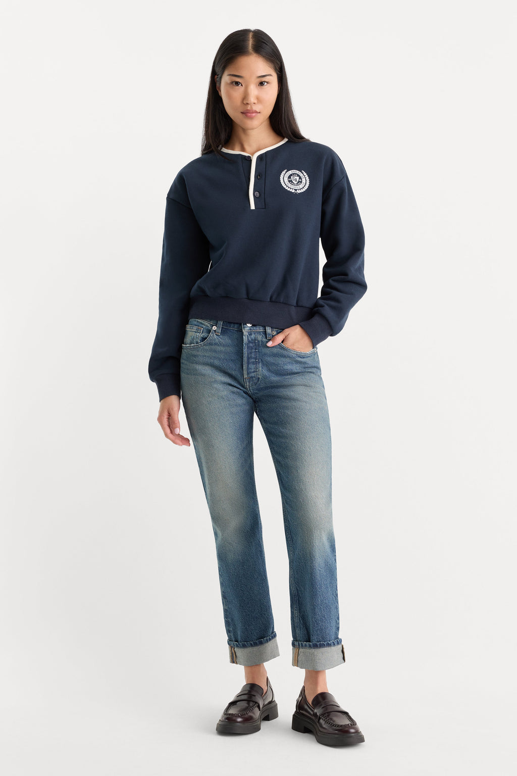 THE BRUSHED FLEECE HENLEY NEW NAVY