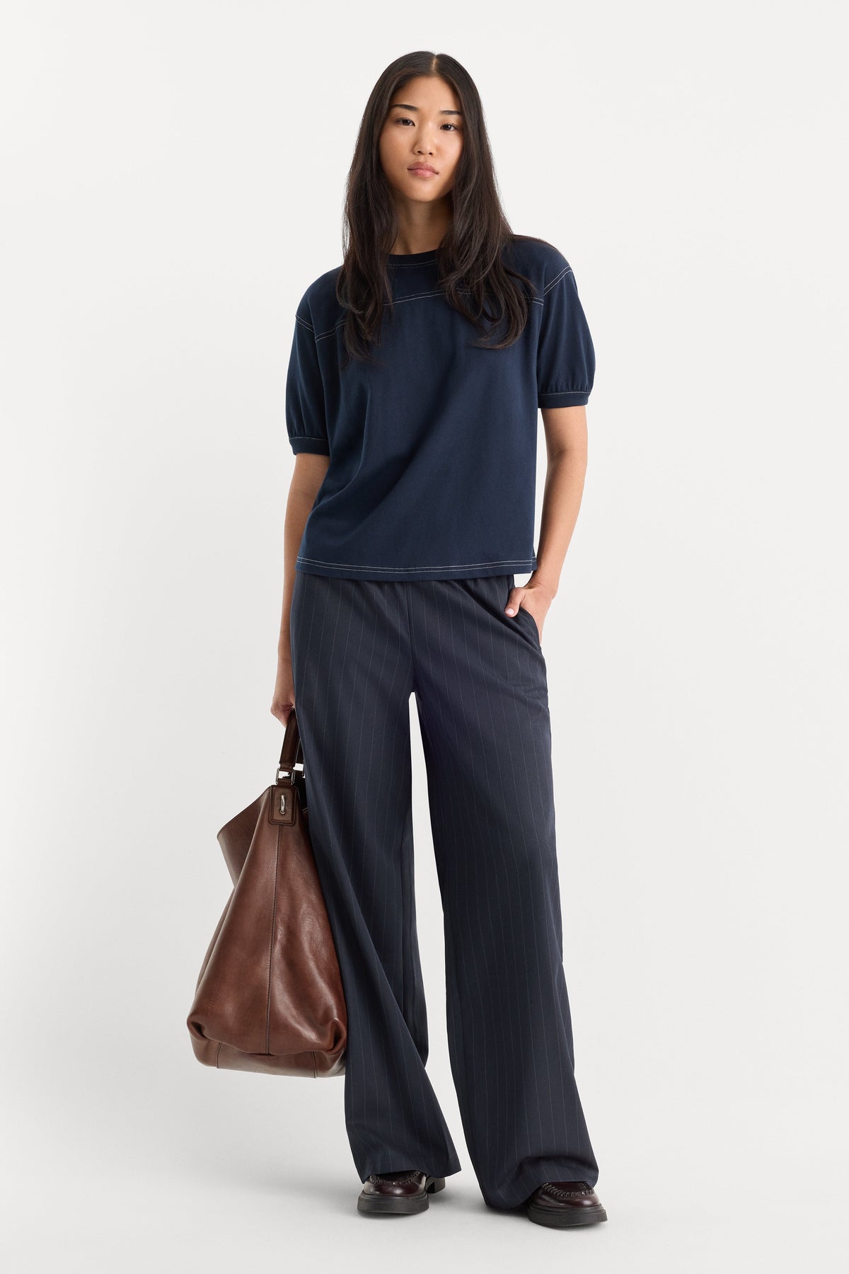 THE PINSTRIPE PULL ON TROUSER NAVY PINSTRIPE