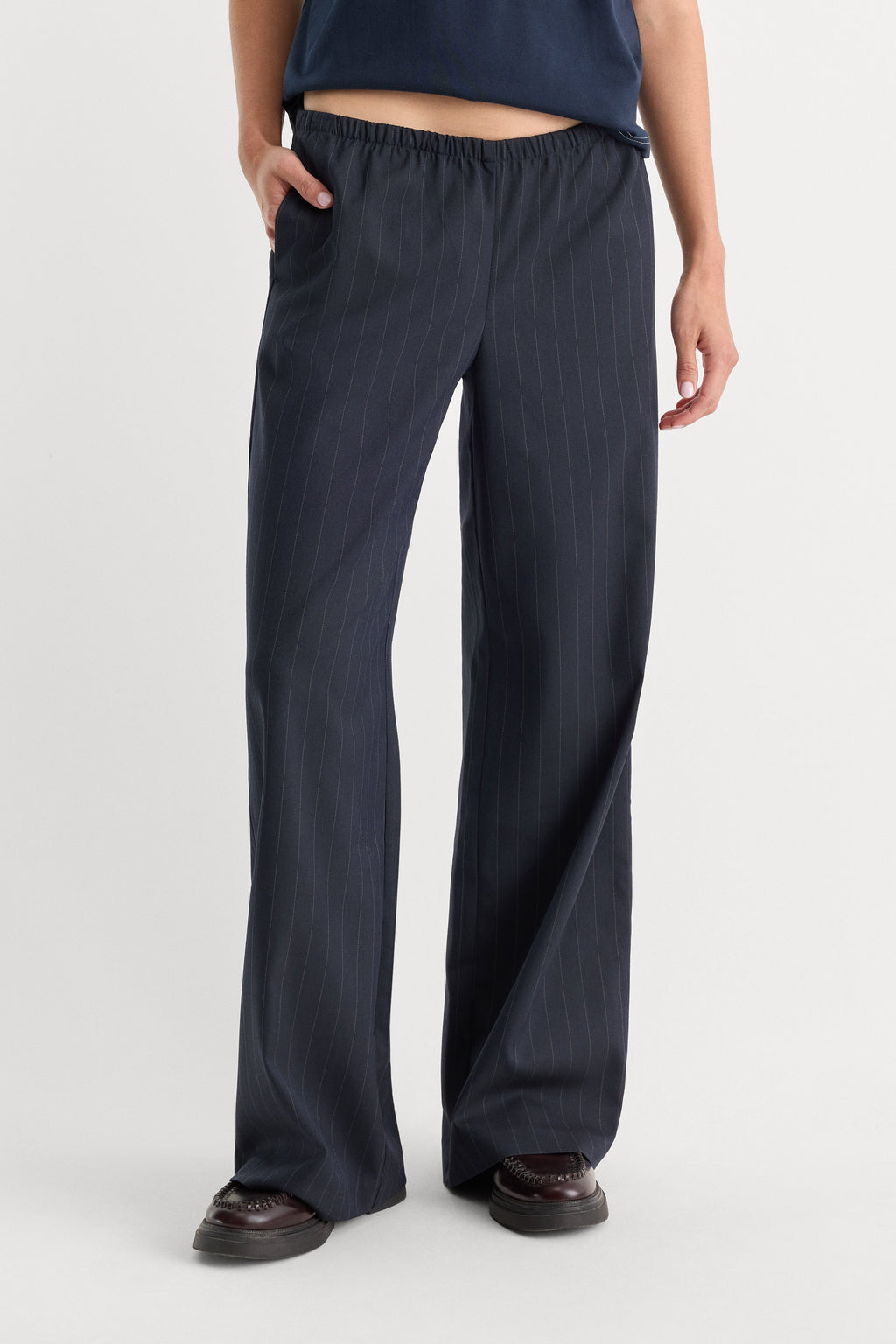 THE PINSTRIPE PULL ON TROUSER NAVY PINSTRIPE