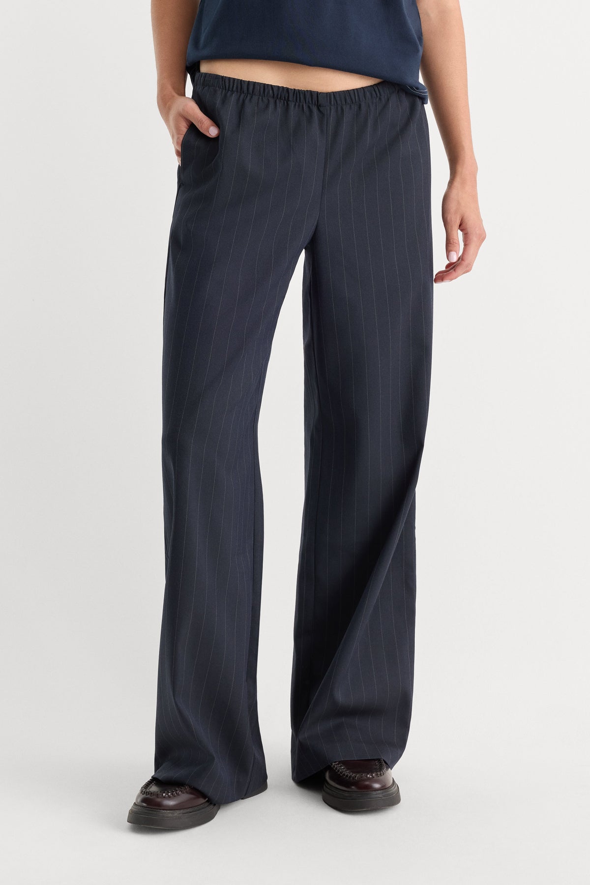 THE PINSTRIPE PULL ON TROUSER NAVY PINSTRIPE