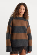 THE OVERSIZED CREW SWEATER CHARCOAL BROWN STRIPE