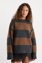 THE OVERSIZED CREW SWEATER CHARCOAL BROWN STRIPE