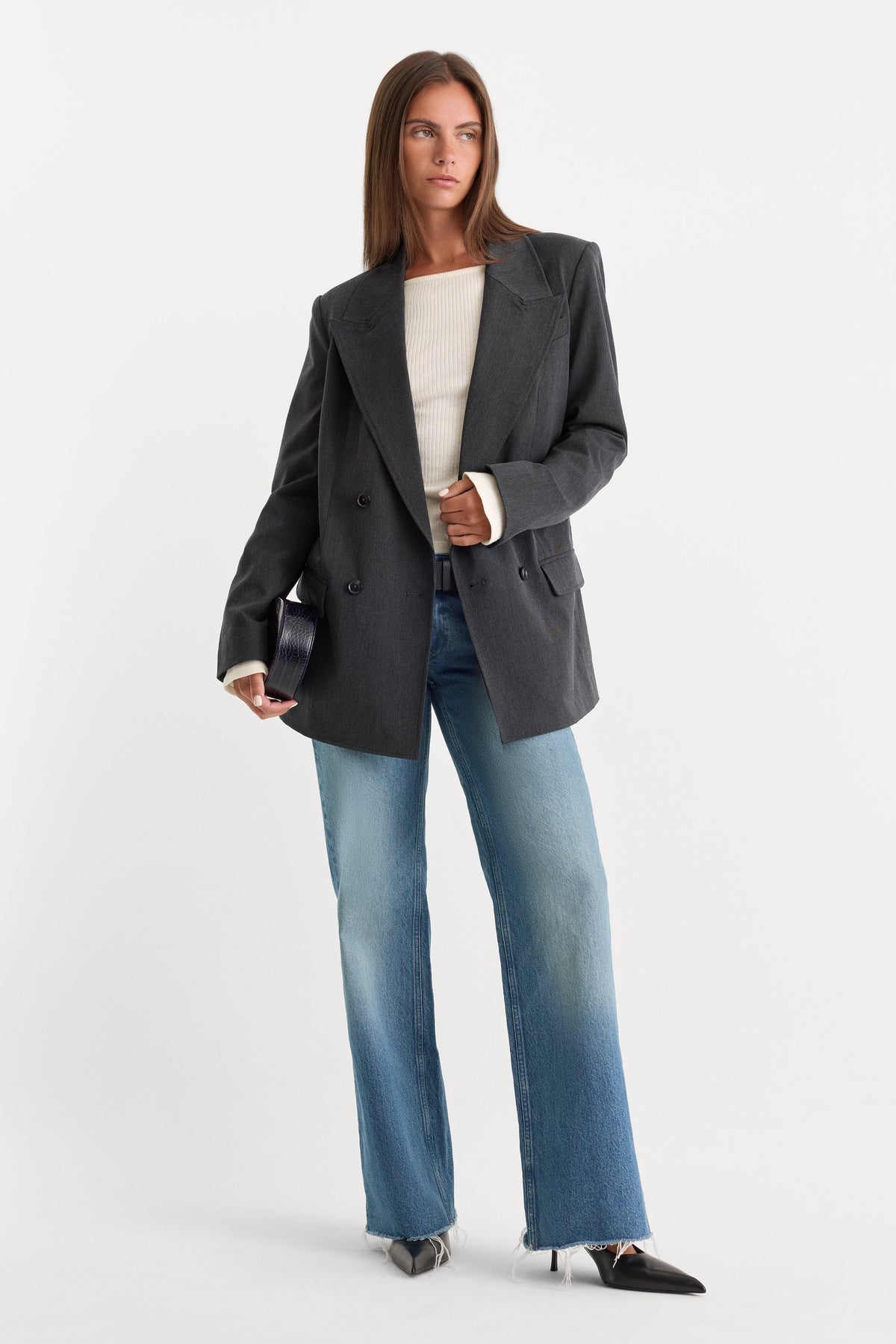 ESSENTIAL SUITING OVERSIZED DOUBLE BREASTED BLAZER DARK HEATHER GRAY