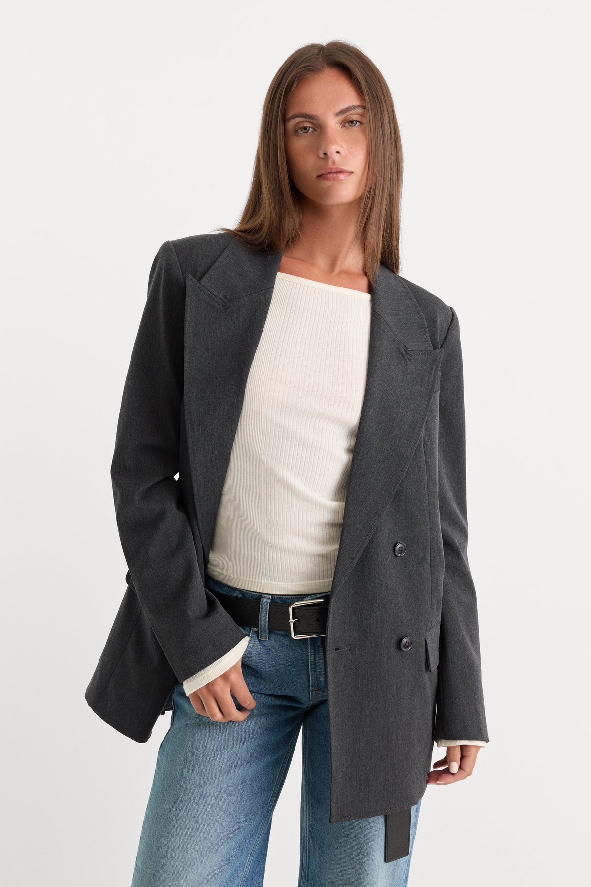 ESSENTIAL SUITING OVERSIZED DOUBLE BREASTED BLAZER DARK HEATHER GRAY
