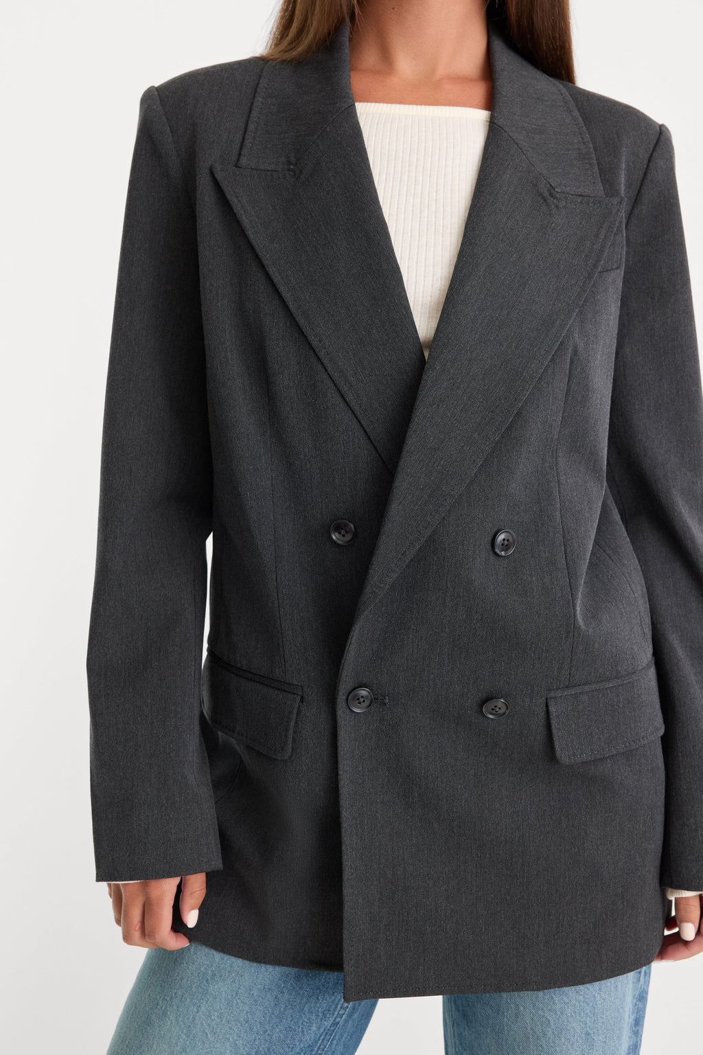 ESSENTIAL SUITING OVERSIZED DOUBLE BREASTED BLAZER DARK HEATHER GRAY