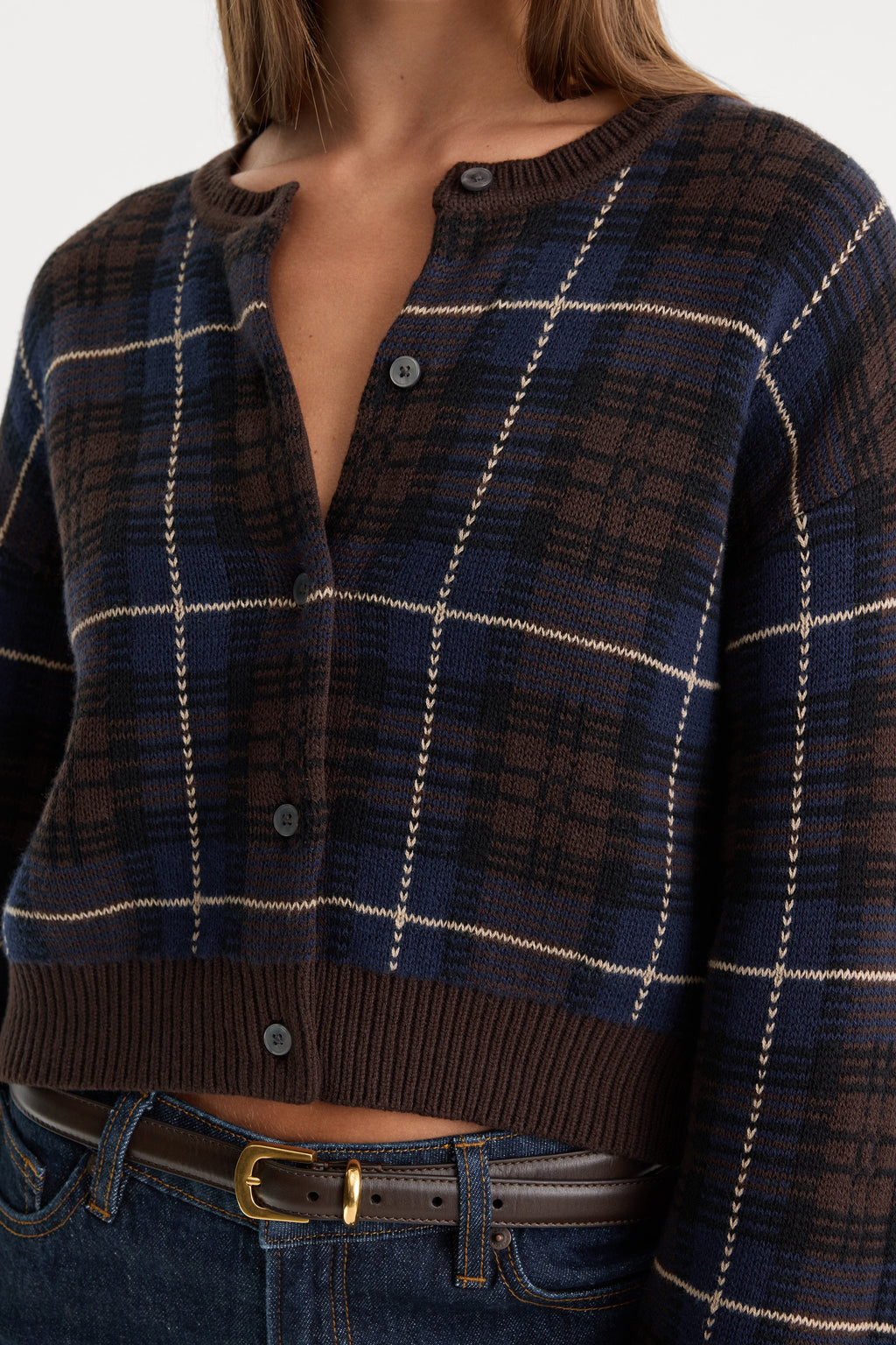 THE JACQUARD CARDIGAN CHOCOLATE PLAID