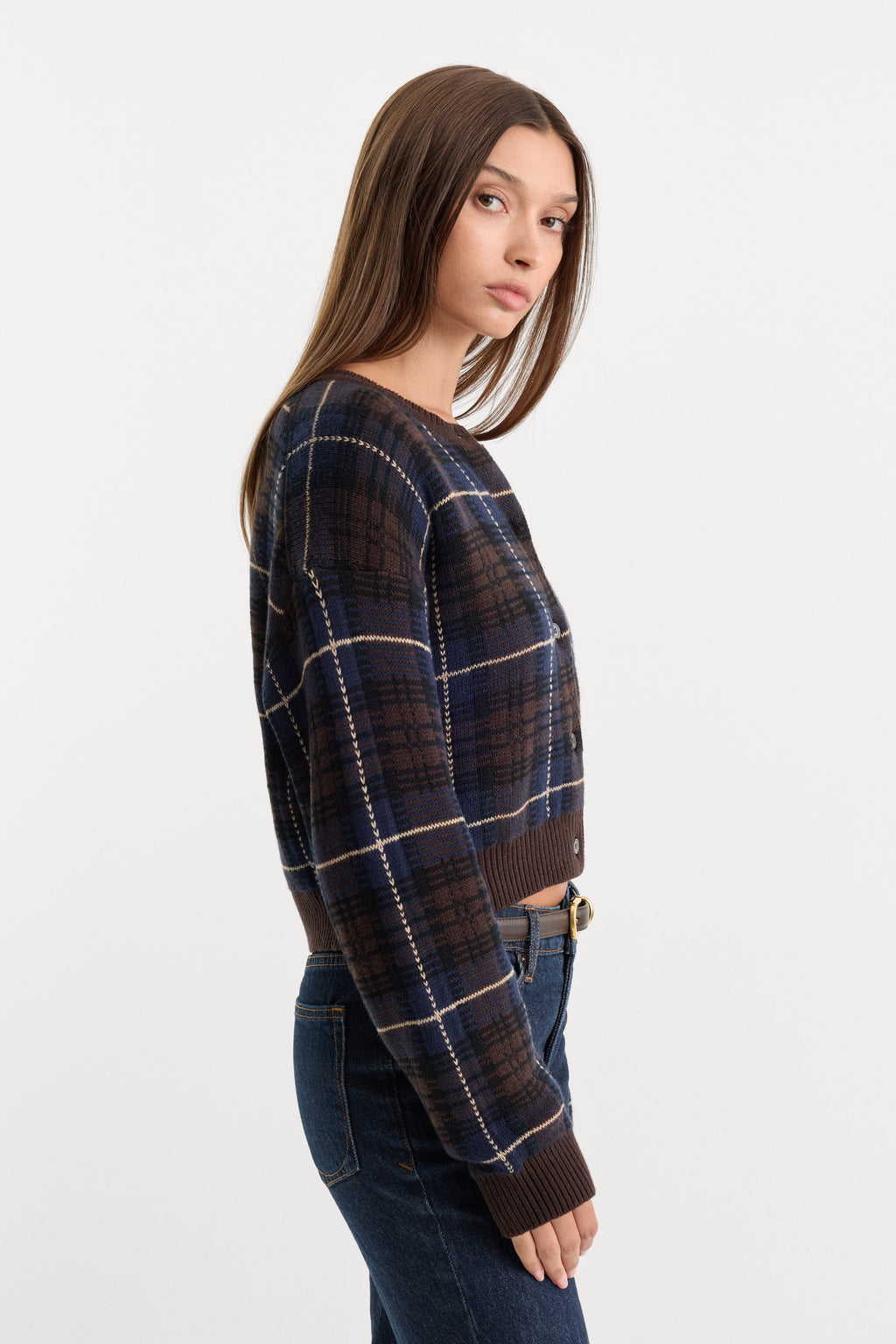 THE JACQUARD CARDIGAN CHOCOLATE PLAID