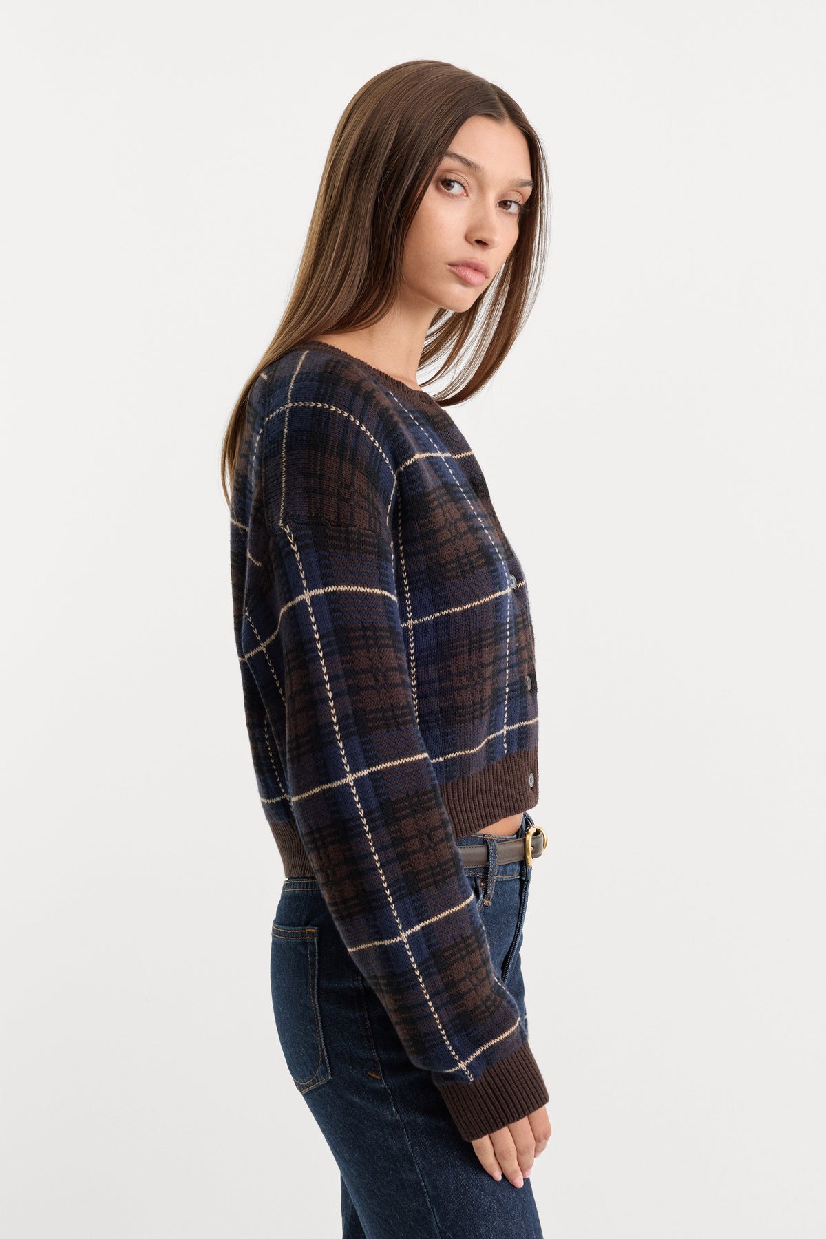 THE JACQUARD CARDIGAN CHOCOLATE PLAID