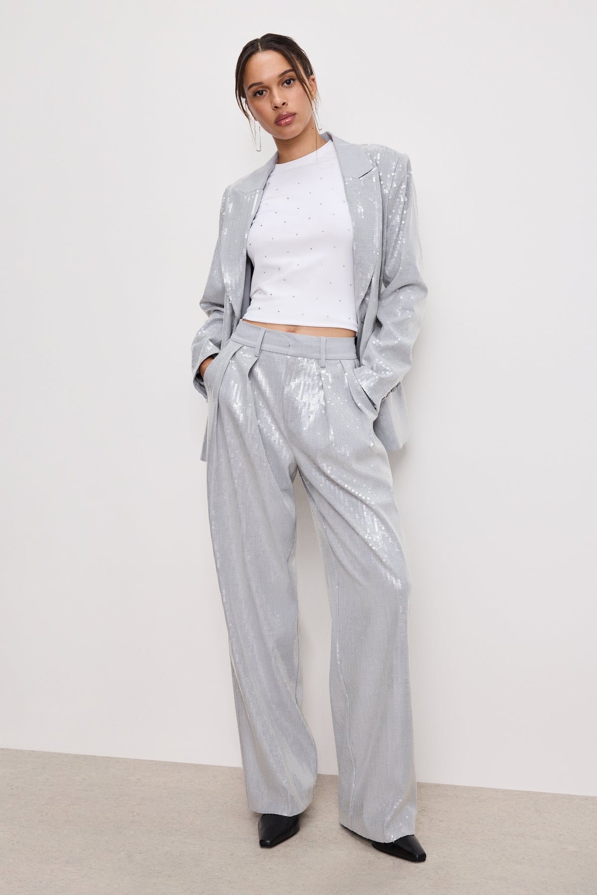 SEQUIN OVERSIZED BLAZER HEATHER GREY001