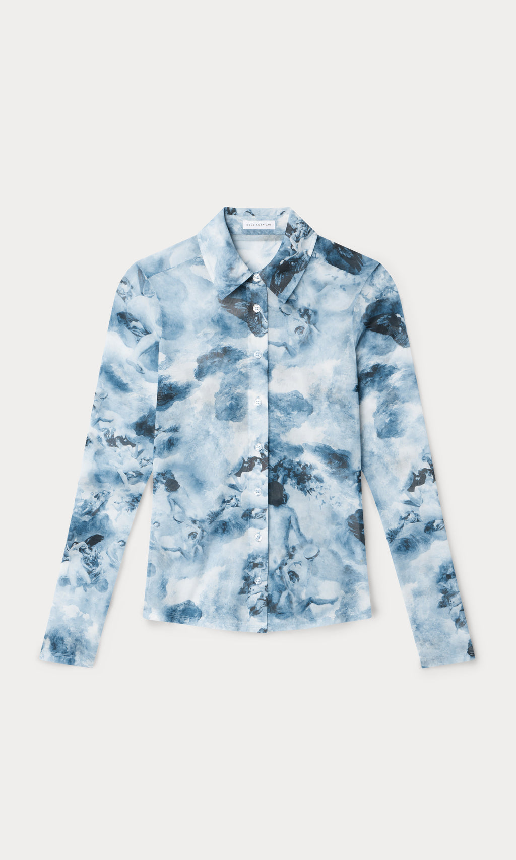 MESH BUTTON UP TOP BLUE ANGEL PRINT