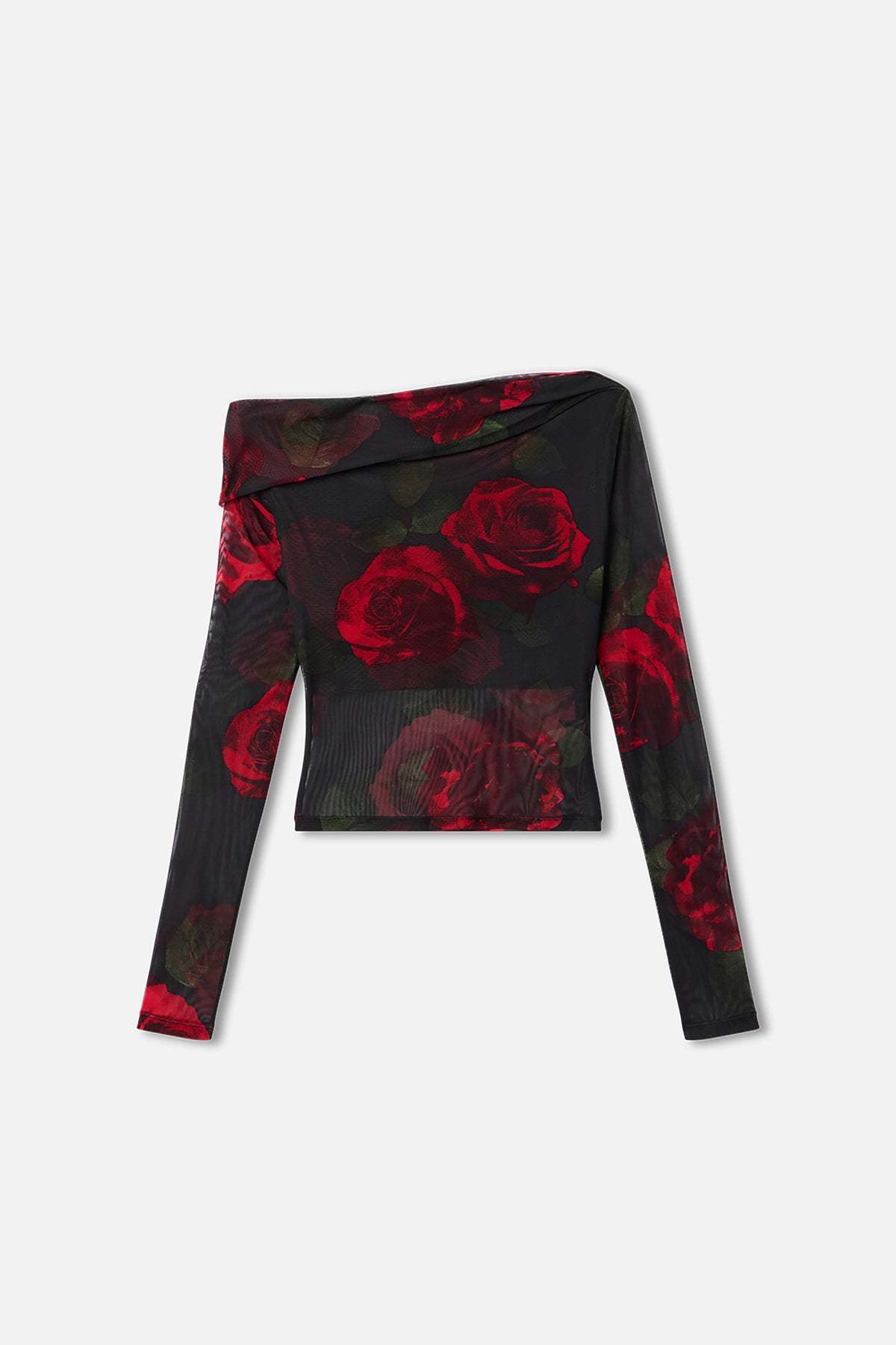MESH RUCHED ASYMMETRIC TOP MOODY RED ROSES001