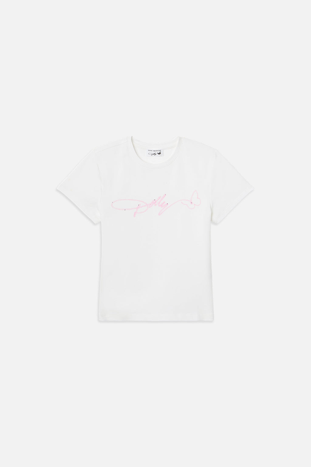 DOLLY SIGNATURE SUPER STRETCH BABY TEE WHITEDOLLY PINK