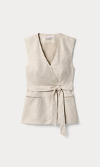 LINEN SLEEVELESS BELTED VEST OAT