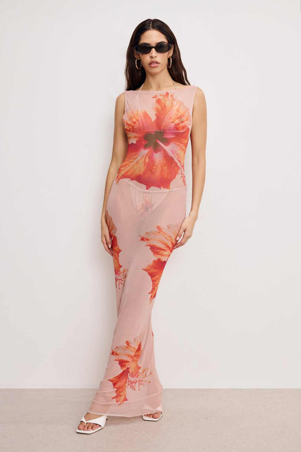 GAUZE MESH MAXI DRESS MAUVE TROPICAL HIBISCUS001
