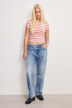 SUPER STRETCH BABY TEE ECRU &amp CHILI WIDE STRIPE