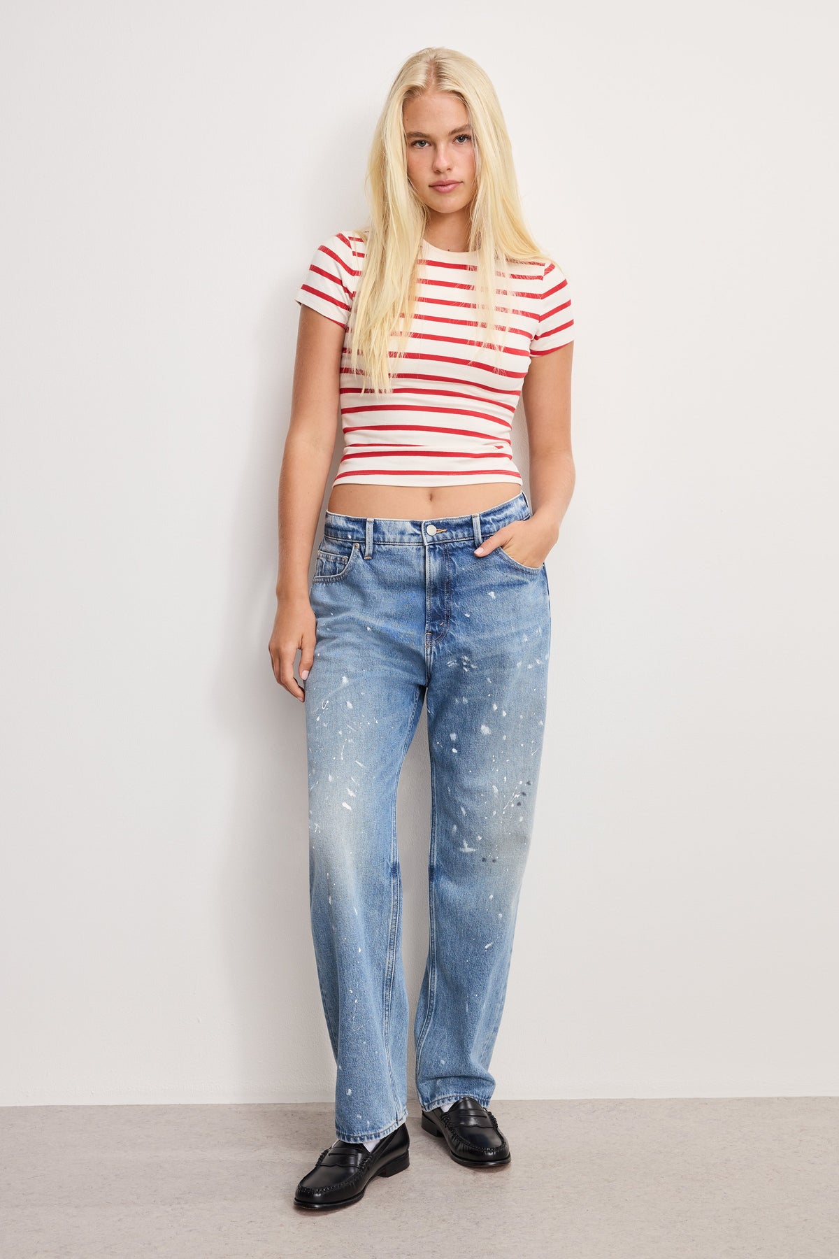 SUPER STRETCH BABY TEE ECRU &amp CHILI WIDE STRIPE