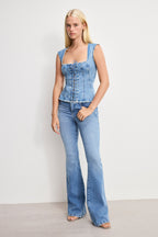 DOLLY LACE UP PEPLUM TOP INDIGO1090