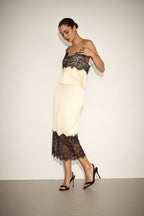 SATIN LACE SLIP MIDI SKIRT ECRU003