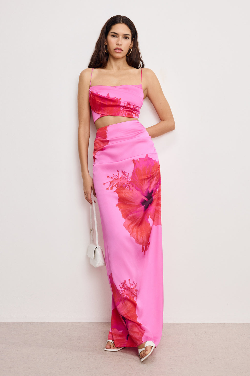 SATIN MAXI SKIRT PINK HIBISCUS002