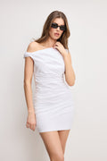 POPLIN RUCHED OFF THE SHOULDER MINI DRESS WHITE001