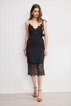 SATIN LACE SLIP MIDI SKIRT BLACK001
