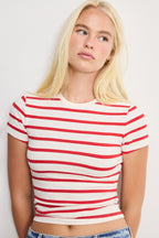 SUPER STRETCH BABY TEE ECRU &amp CHILI WIDE STRIPE