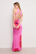 SATIN LACE UP MAXI DRESS PINK HIBISCUS002