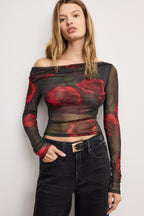 MESH RUCHED ASYMMETRIC TOP MOODY RED ROSES001
